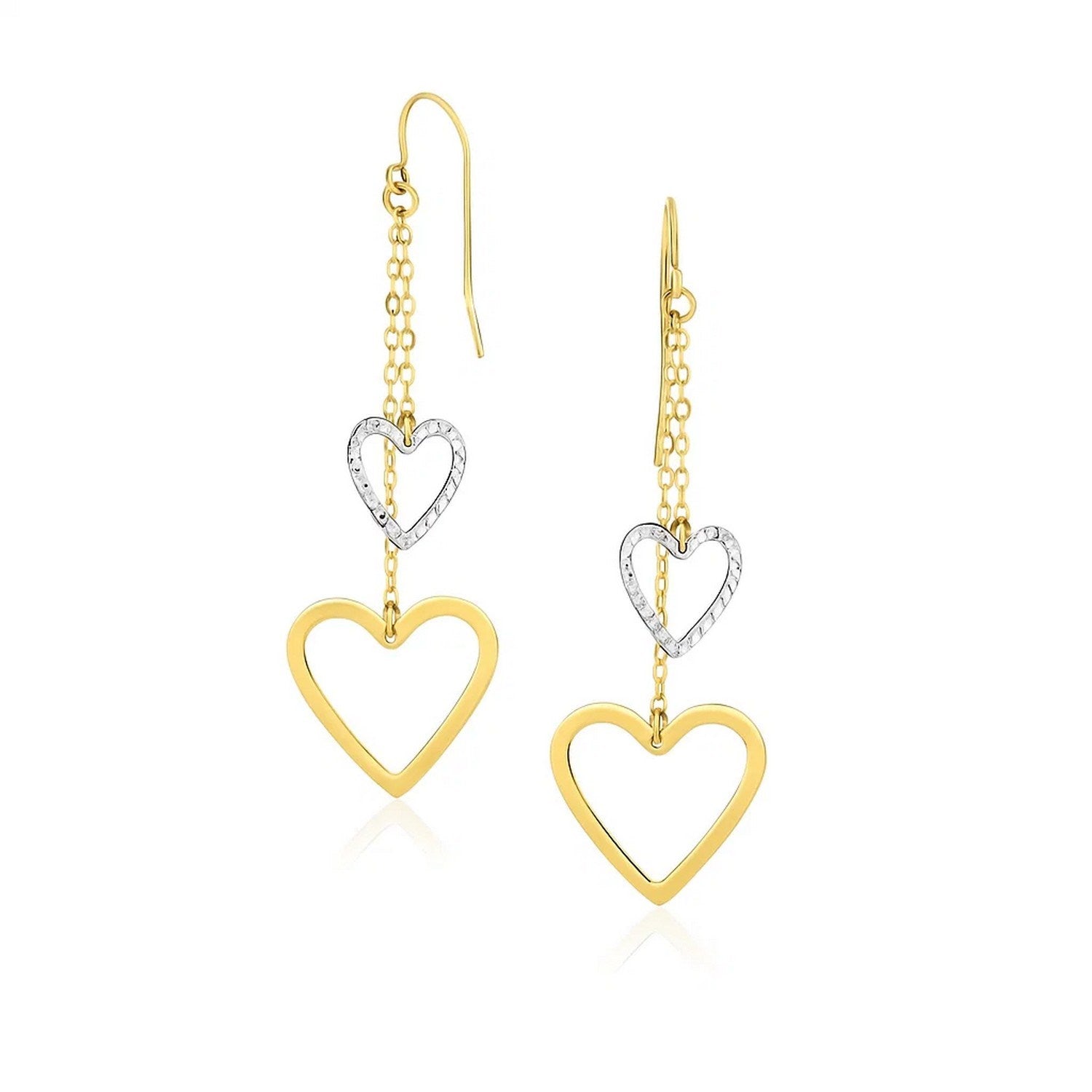 10k Two-Tone Gold Cutout Heart Chain Dangling Earrings in a sleek high-contrast midnight luxury editorial style